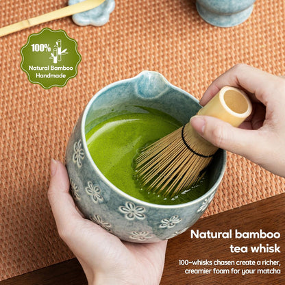 Matcha Whisk Set, Ceramic Matcha Set, 6 Pcs Matcha Kit Includes Matcha Bowl, Matcha Whisk with Holder, Bamboo Scoop, Scoop Rest, Sifter, Ceremonial Matcha Tea Set, Perfect Gifts, Blue