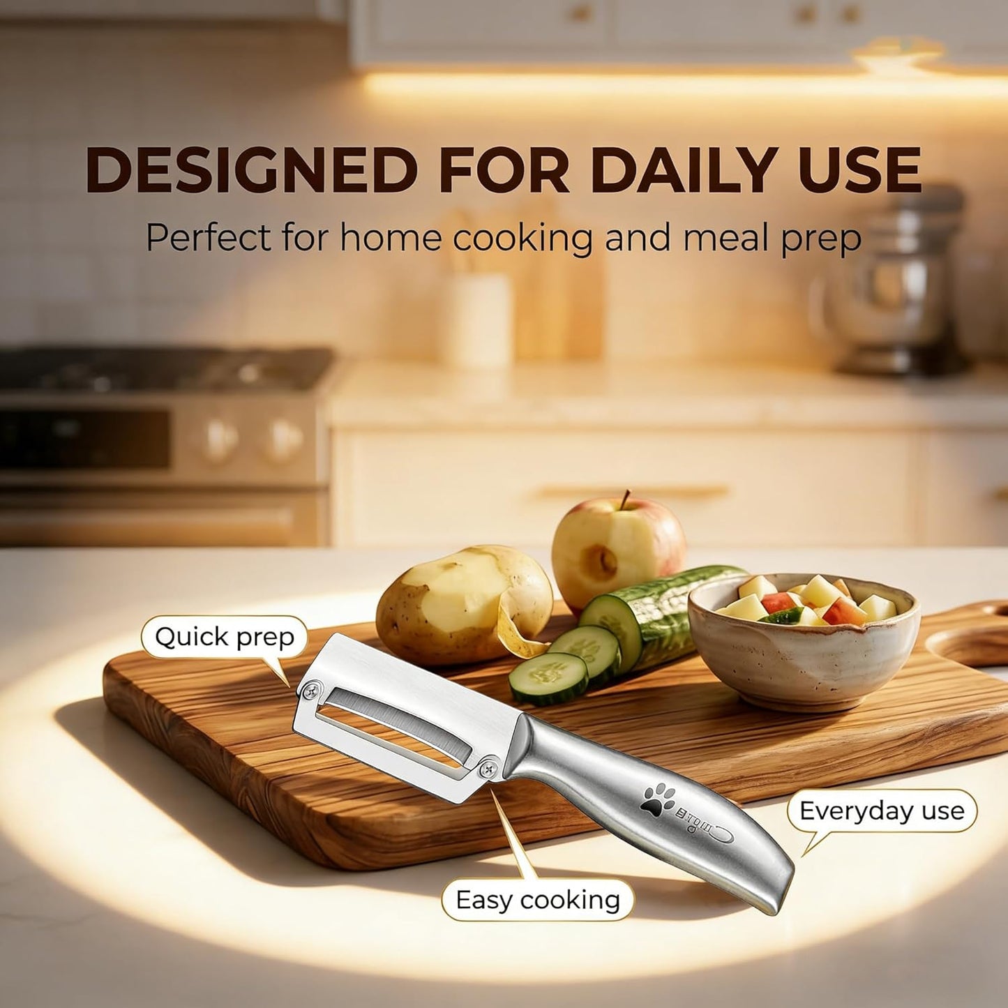 Vegetable Peeler, Multifunctional Stainless Steel Potato & Fruit Peeler with Bottle Opener, Wooden Handle Kitchen Tool, Zero Snag Design