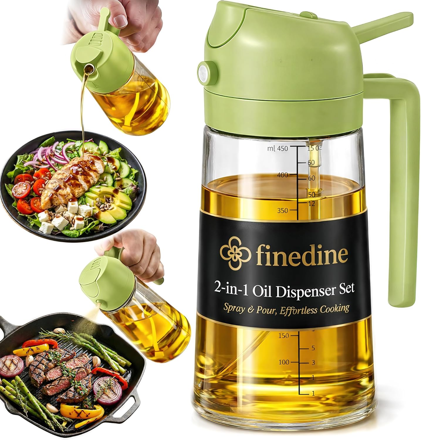 FineDine 16oz Olive Oil Sprayer for Cooking, 2 in 1 Olive Oil Dispenser Bottle for Kitchen, Air Fryer, Salad, BBQ & Baking – Dual Spray Mist & Stream, with Measurement Marks, Black