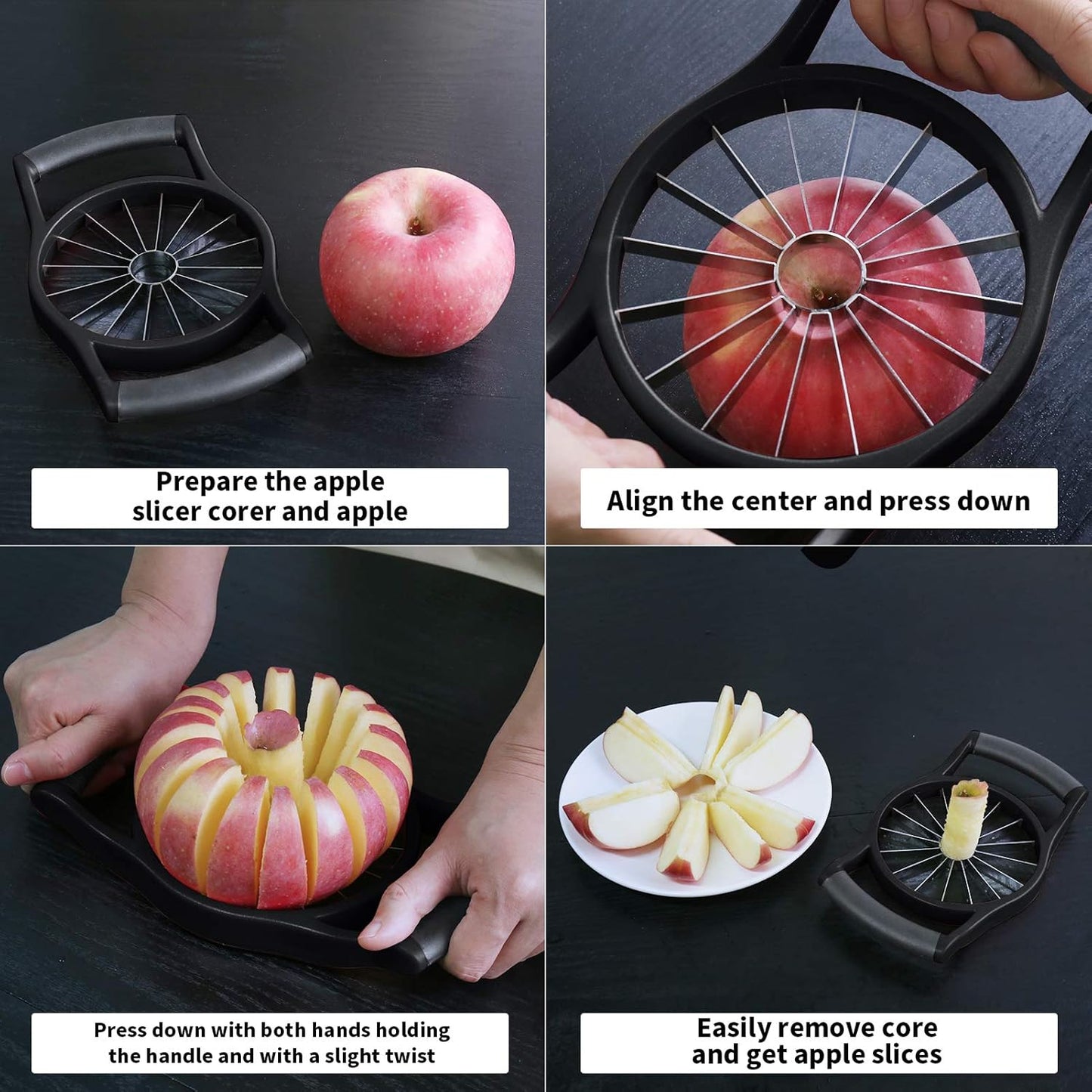 YYP Stainless Steel Apple Slicer & Corer – Upgraded 16-Sharp Blades, Large Size, Ergonomic Non-Slip Plastic Handle for Easy Grip, Rust-Proof Kitchen Fruit Divider, Easy to Clean (Black)