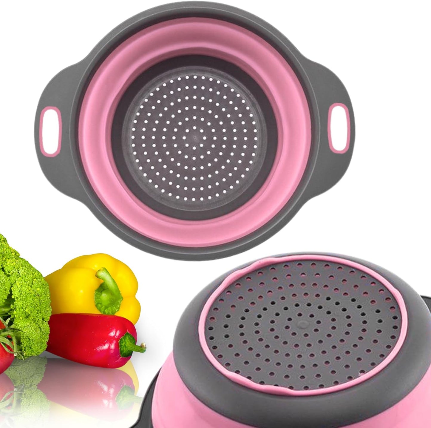 Green Kitchen Strainer Colander Set - 2 PCS Multifunctional Colander Silicone Food Strainers for Kitchen for Pasta and Spaghetti Collapsible with Plastic Handles