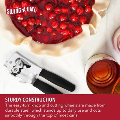 Swing-A-Way Portable Can Opener with Sharp Blade, Manual Hand Held, 2-in-1 Can and Bottle Opener, Made of Steel, Easy Turn Knob, Basic Kitchen Essentials (Red)