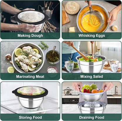 TeamFar Mixing Bowls with Colander Set, Stainless Steel Strainer and Nesting Salad Bowls, with Lids & 3 Graters, Non-Slip Bottom & Visible Lid, Rotatable & Dishwasher Safe, 4.6/3/1.5 QT, Khaki