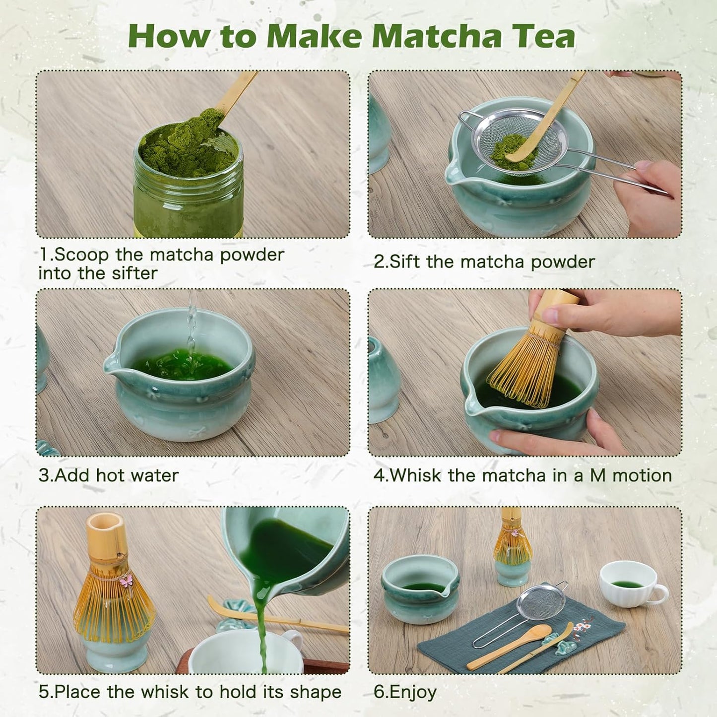 8 Pcs Matcha Whisk Set, Ceramic Matcha Japanese Tea Set Includes 16oz Bowl, Whisk and Holder, Bamboo Scoop and Spoon, Scoop Rest, Sifter and Towel, Green Glaze Making Kit for Tea Lovers