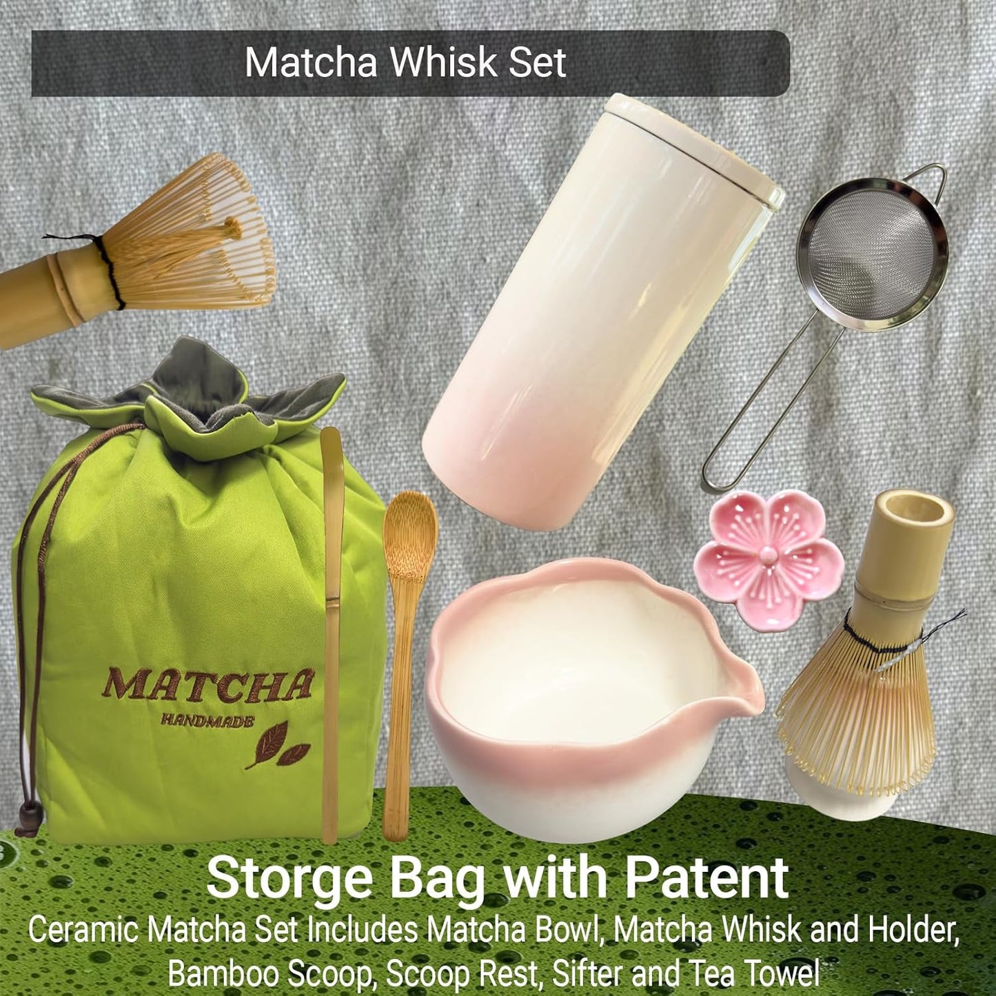 10 Sets Matcha with Whisk, Matcha Bowl with Whisk Holder and Spoon Rest All In One Bag, Sakura pink and Green, Perfect for Enthusiasts, Gift-giving