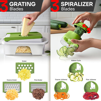 Mueller Pro-Series 10-in-1, 8 Blade Vegetable Chopper, Onion Mincer, Cutter, Dicer, Egg Slicer with Container, French Fry Cutter Potato Slicer, Home Essentials, Salad Chopper White Sand/Green