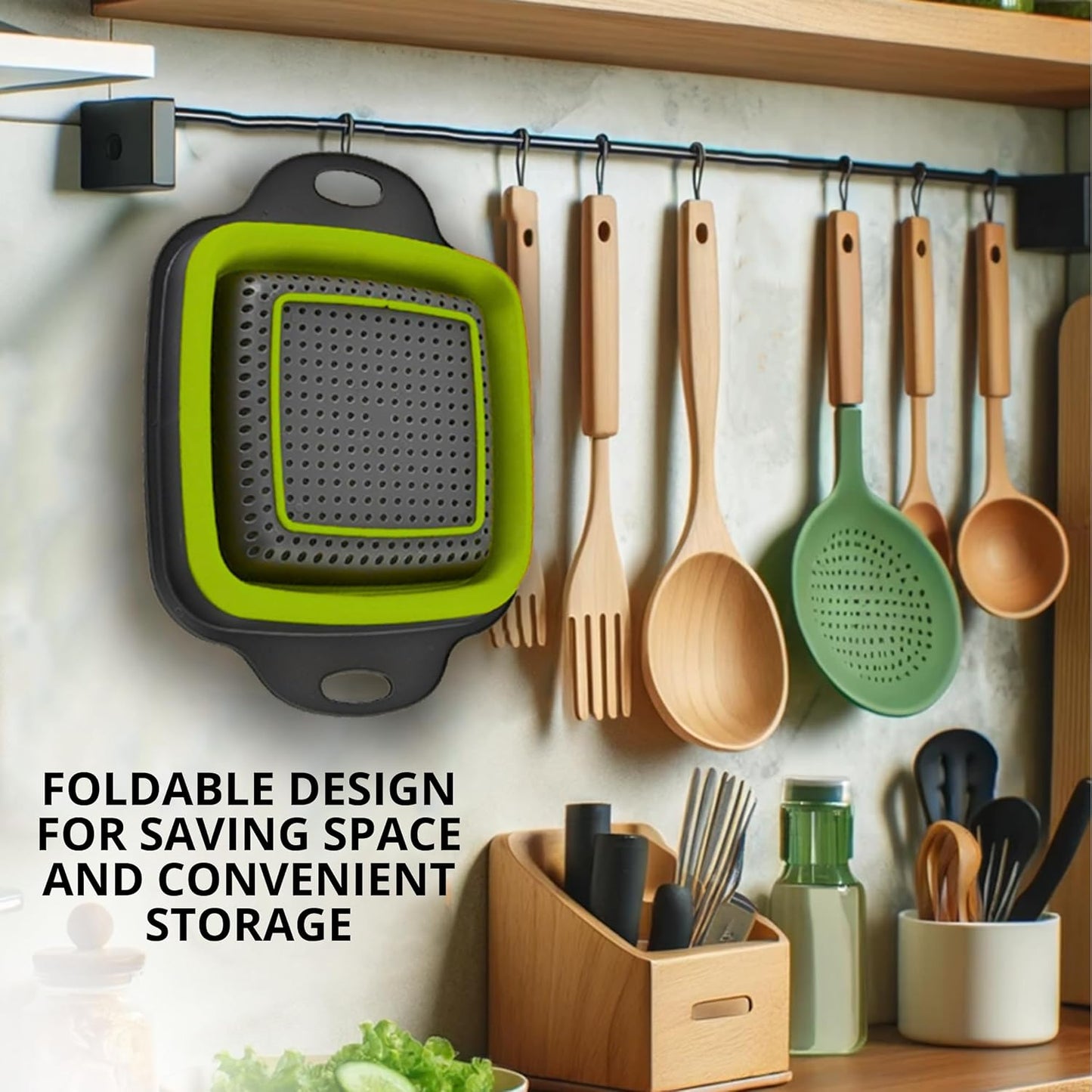 Green Kitchen Strainer Colander Set - 2 PCS Multifunctional Colander Silicone Food Strainers for Kitchen for Pasta and Spaghetti Collapsible with Plastic Handles