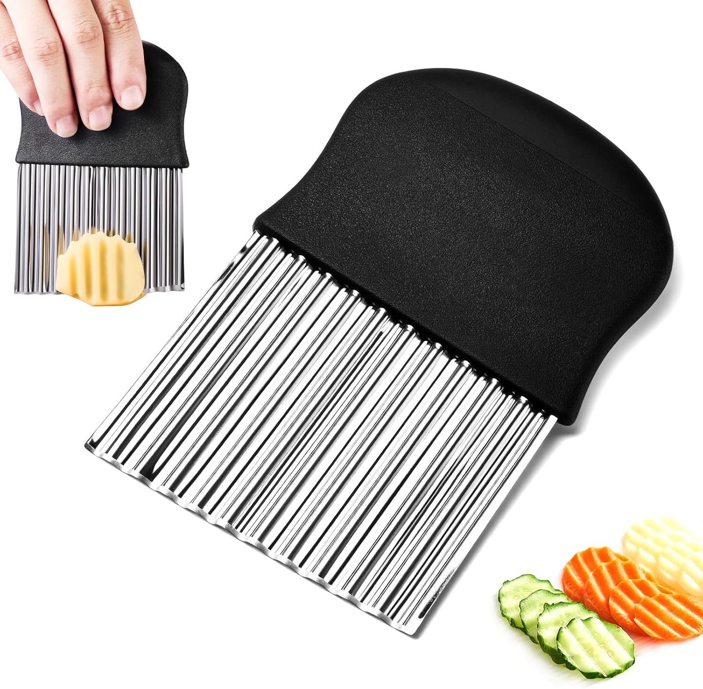 Stainless Steel Crinkle Cutter - Large French Fry Slicer, Potato Knife with Non-Slip Handle, Fruit and Vegetable Wavy Chopper