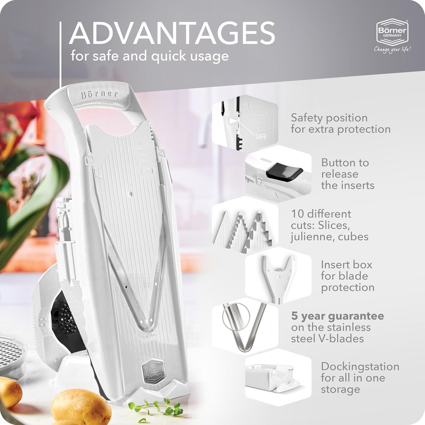 Mandoline Food Slicer Börner V5 (Profi Set) by Reston Lloyd • V-Slicer with 4 Inserts, Docking Station & Food Holder • Made in Germany • Fruit & Vegetable Chopper • Multiple Settings • Color: White