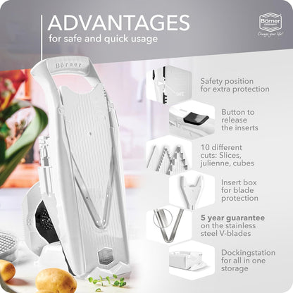 Mandoline Food Slicer Börner V5 (Profi Set) by Reston Lloyd • V-Slicer with 4 Inserts, Docking Station & Food Holder • Made in Germany • Fruit & Vegetable Chopper • Multiple Settings • Color: White