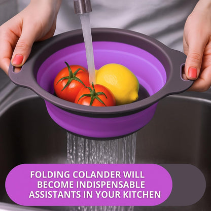 White Round Silicone Collapsible Colander – Silicone Round Kitchen Strainers with Plastic Handles Small Foldable Kitchen Strainer Perfect for Draining Pasta Vegetable and Fruit