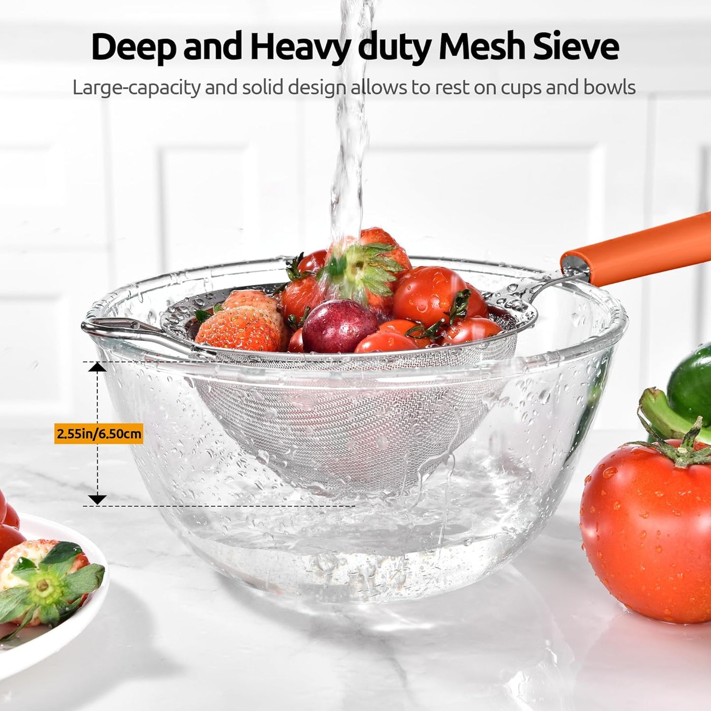 U-Taste Medium Fine Mesh Strainer: 18/8 Stainless Steel 4.73in 30 Mesh Kitchen Food Sieve with Sturdy Riveted Silicone Handle, Heavy Duty Deep Handheld Metal Colander for Rice, Quinoa, Flour (Black)