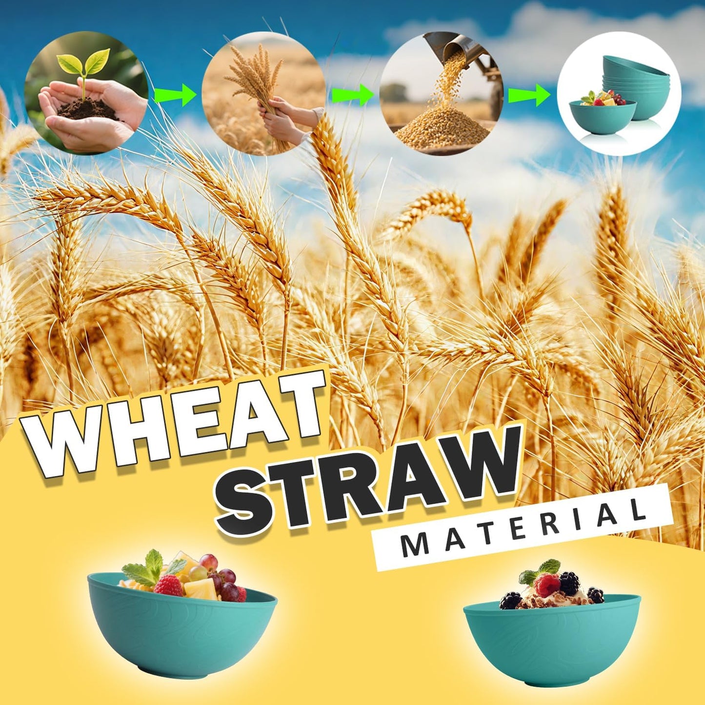 Wheat Straw Bowls Set with Lids, Unbreakable 40 OZ Cereal Bowls Set of 4, Salad Container for Lunch, Microwave & Dishwasher Safe Bowl Set for Kitchen, Picnic, RV, Camping, Multi