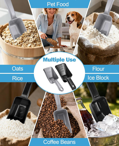 2-Pack Dog Food Scoop Set,1 Cup and 2 Cup Plastic Pet Food Measuring Scoops with Clear Measurement Lines,Multi-Purpose Pet Food Scooper for Dogs, Cats (Green and Black)