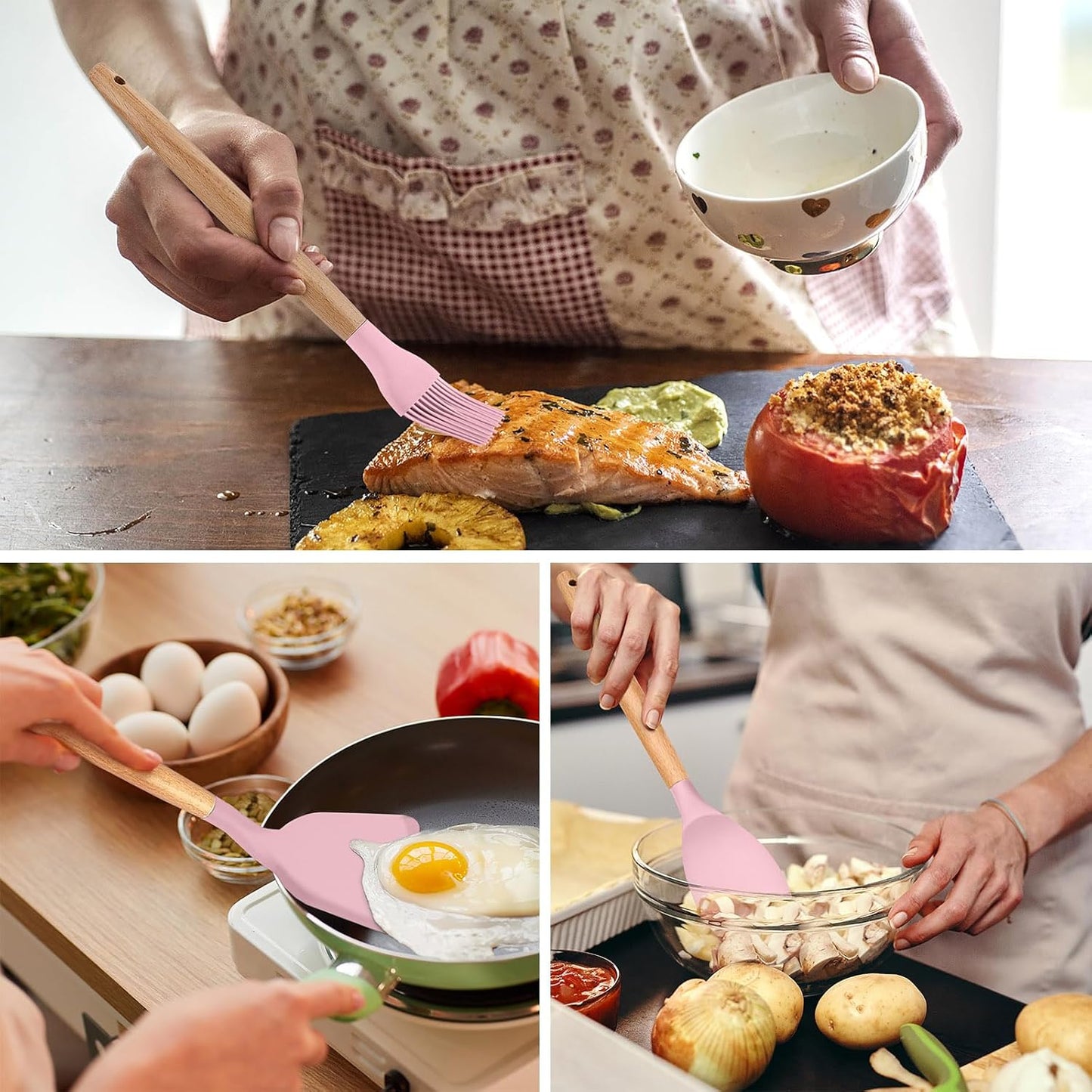 E-far Cooking Utensils Set of 6, Silicone Kitchen Utensils with Wooden Handle, Non-stick Cookware Friendly & Heat Resistant, Includes Spatula/Ladle/Slotted Turner/Serving Spoon/Spaghetti Server(Khaki)