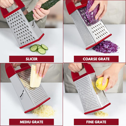 Urbanstrive Cheese Grater With Container, Professional Cheese Grater with Handle, Stainless Steel Graters for Kitchen Handheld, Box Grater with 4 Sides for Vegetables, Ginger, Potatoes (Blue)