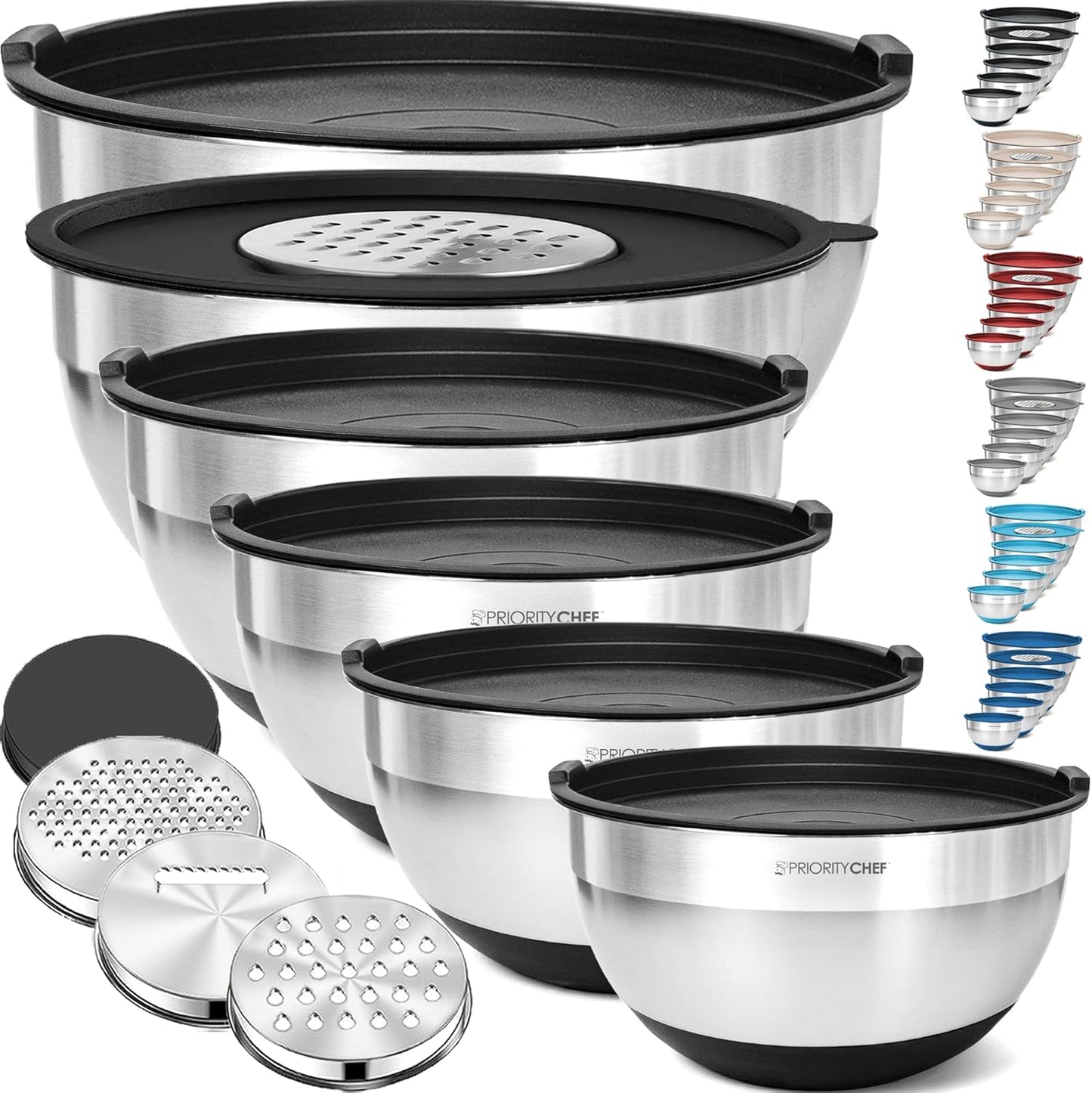 Priority Chef 6Pc Large Mixing Bowls With Lids Set with Non-Slip Bases, Stainless Steel Mixing Bowl Set, 6 Airtight Lids and 3 Graters, Turquoise