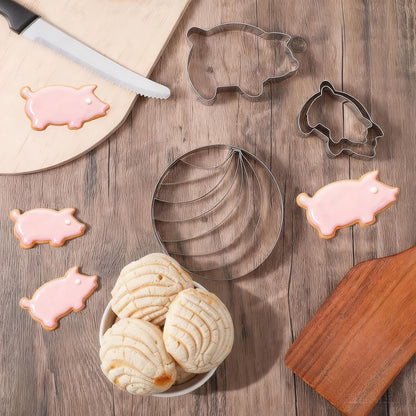 Concha Cutter Set, Stainless Steel Mexican Bread Mold Set, Concha Cutter 5 Pcs Pig Cookie Cutters and Dough Scraper, Kitchen Baking Tools for Bread Cookie Cake Biscuit