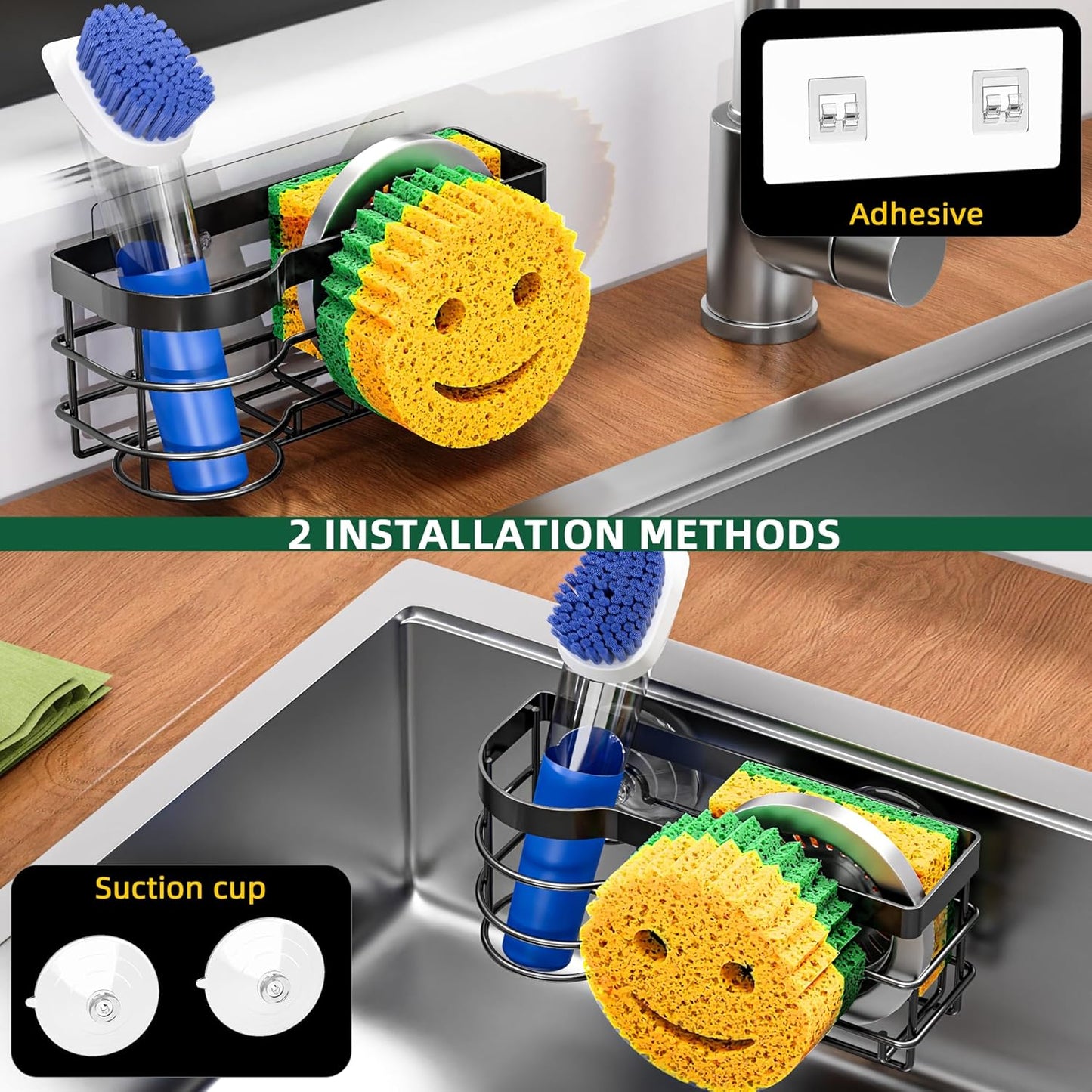Cisily Smiley Sponge Holder for Kitchen Sink Caddy, Stainless Steel Movable Brush Holder Dish Cloth Hanger, Suction Cup Sink Caddy Organizer Scrubber Accessories (Silver)