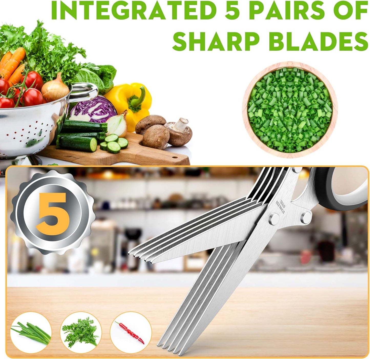 Fun Unique Kitchen Gadgets: Herb Scissors Set - Updated 2026 Cool Kitchen Tools for Cutting Fresh Garden Herbs - Sharp 5-Blade Shears with Cover, Anti-Rust Stainless Steel, Dishwasher Safe (Blue)
