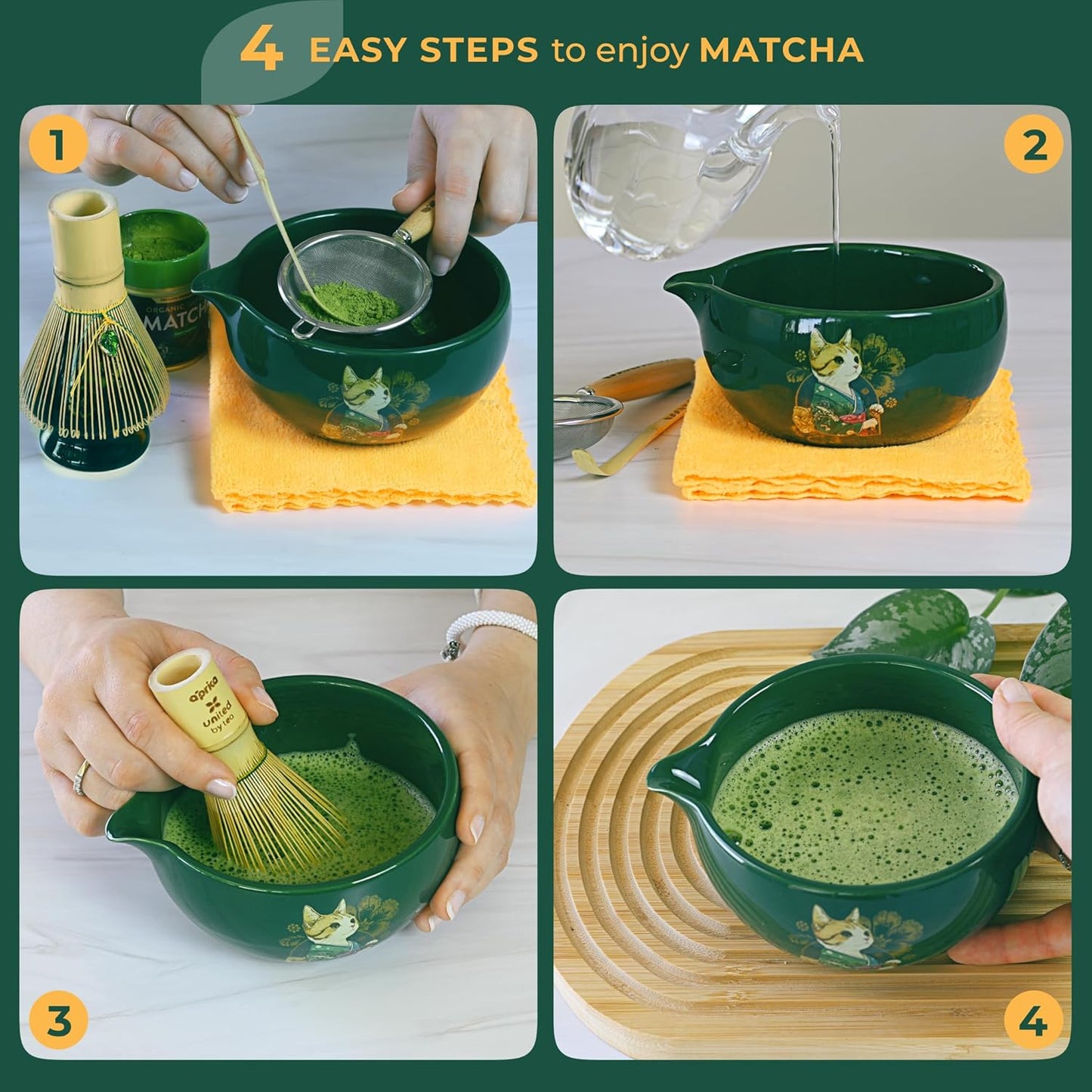 Aprika Life Matcha Bamboo Whisk Set with Holder | 100 Prong Chasen, Bamboo Scoop & Glass Whisk Holder | Matcha Whisk and Holder Starter Kit