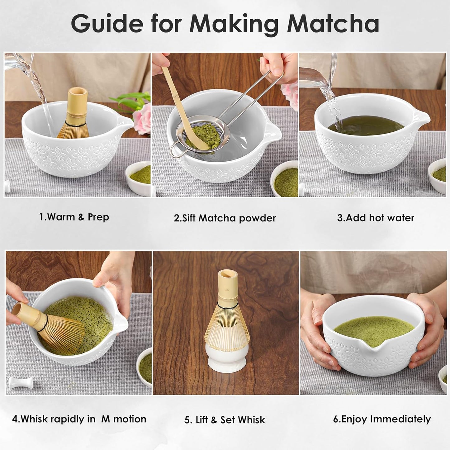 Matcha Whisk Set Matcha Kit - 7 Pcs Japanese Tea Set Includes Matcha Bowl with Spout,Bamboo Whisk with Ceramic Holder,Bamboo Scoop and Rest,Sifter,Tea Towel, for Ceremony Matcha Lovers Gift,Green