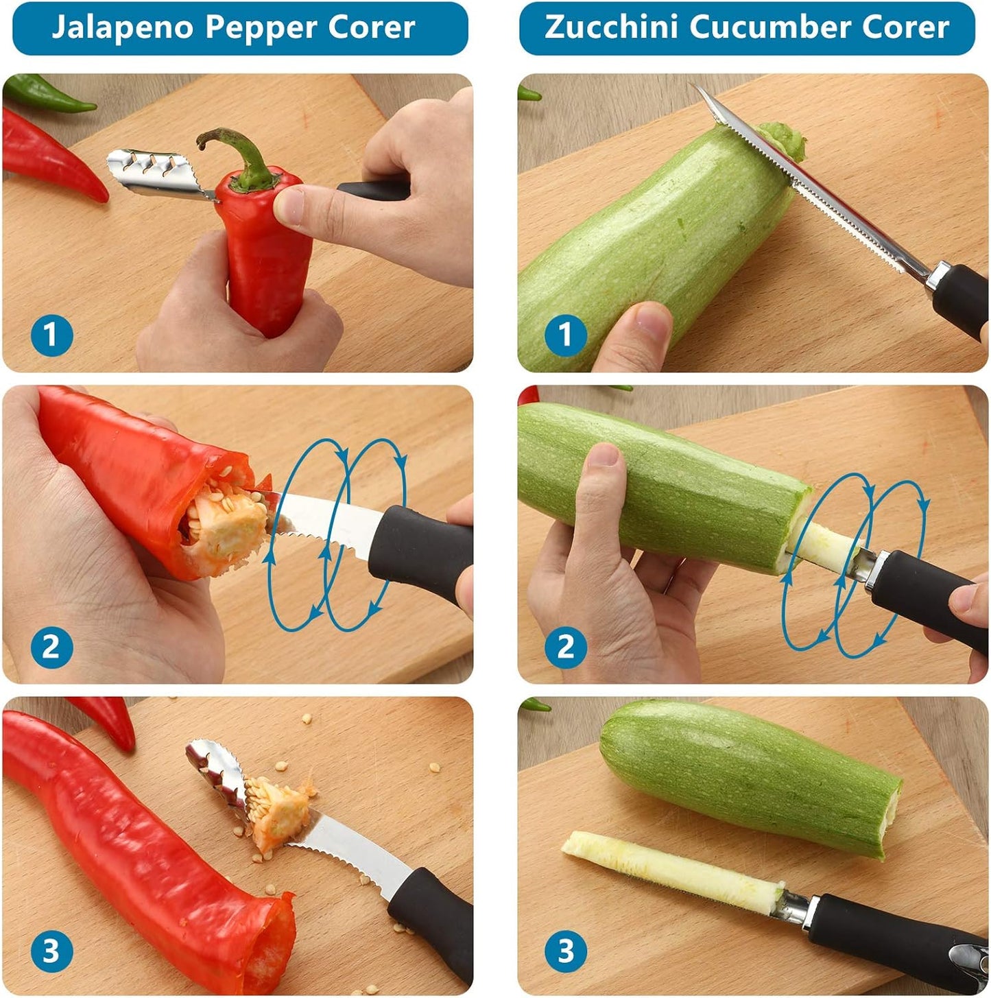 2 Pieces Jalapeno Pepper Corer Zucchini Cucumber Corer Remover with Serrated Slice and Rubber Handle Seed Remover or Slice Off Vegetables Tops for Kitchen
