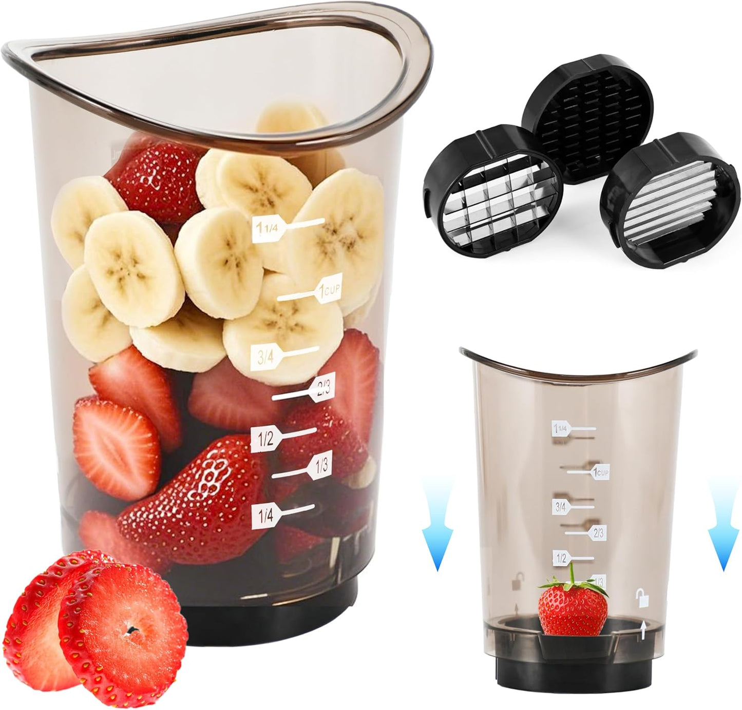 Fruits Slicer Cup,Fruit Slicing Cup with Removable Blade-Strawberry, Banana, Cucumber, Egg, Onion Slices with Push Plate,Rapid & Safe Slicing Kitchen Gadgets