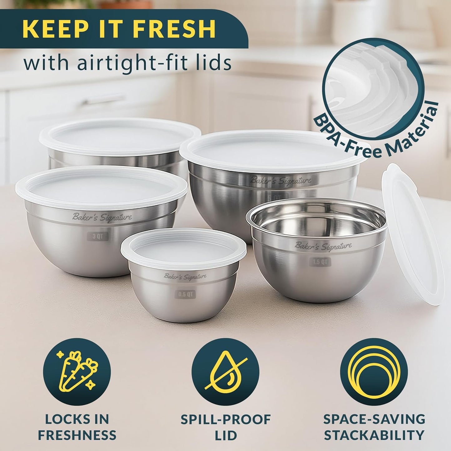 Baker's Signature Stainless Steel Mixing Bowls With Lid, Metal Mixing Bowl Set Of 3, Nesting Set For Food Prep, Baking,Storage, Cooking, Serving | Dishwasher Safe, Silver, 1.5/3/5 Qt