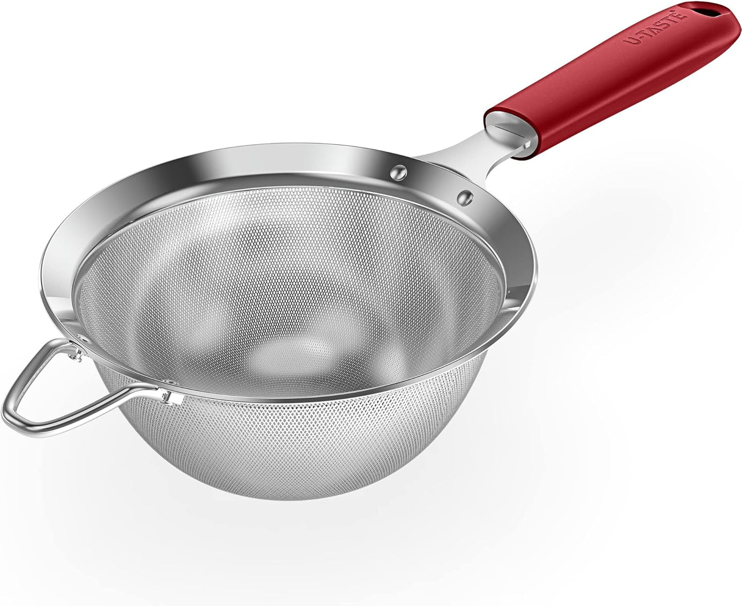18/8 Stainless Steel Mesh Strainer: U-Taste 5.5 Inch Kitchen Fine Mesh Sieve Food Colander with Riveted Sturdy Silicone Handle and 30 Mesh Hole for Straining Flour, Pasta, Fruit, Quinoa(Aqua Sky)