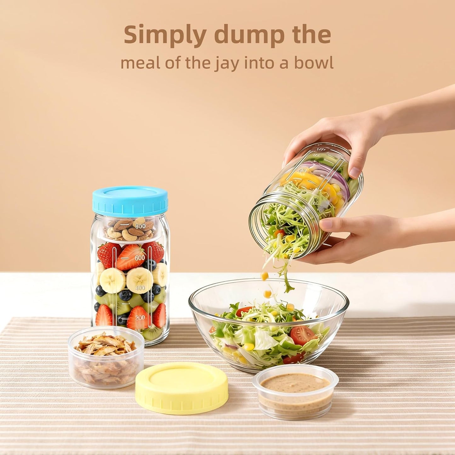 4Pack Glass Salad Jars with lids meal prep- 32oz Leakproof container for lunch | Comes with 2 Built-In Compartments for Wet/Dry Separation | salad dressing and dry ingredients storage.