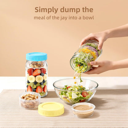 4Pack Glass Salad Jars with lids meal prep- 32oz Leakproof container for lunch | Comes with 2 Built-In Compartments for Wet/Dry Separation | salad dressing and dry ingredients storage.