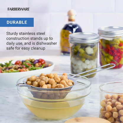 Farberware Stainless Steel Mesh Strainer Set of 3 - Small, Medium and Large Fine Mesh Strainers for Kitchen, Colander for Pasta, Produce Rinsing, Sifting - Dishwasher Safe, Nesting Storage