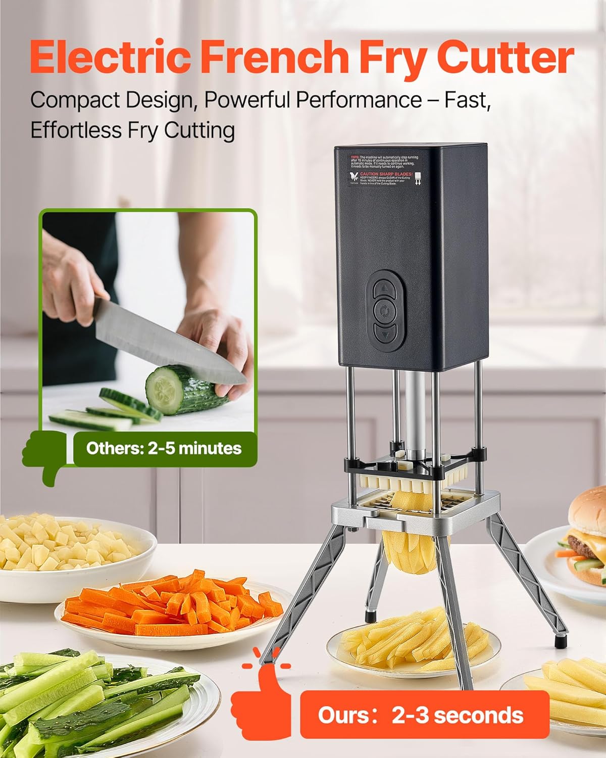 VEVOR Commercial French Fry Cutter, Stainless Steel Vegetable Fruit Chopper with 3 Replacement Blades 1/2-Inch 3/8-Inch 1/4-Inch, Electric Potato Slicer Dicer for Restaurants & Home Kitchen