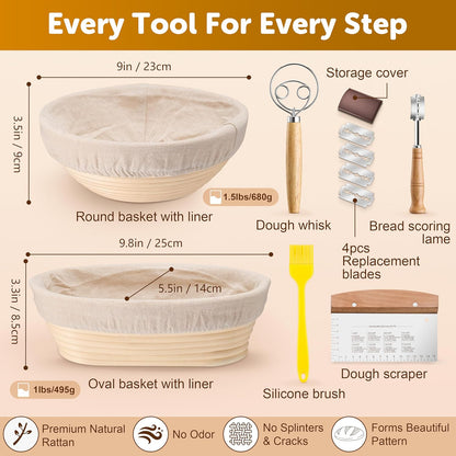 TeamFar Sourdough Bread Baking Supplies, 9” Round & 10” Oval Bread Proofing Basket Set with Liner, Sourdough Starter Kit for Bread Making, Bread Lame/Whisk/Dough Scraper/Basting Brush