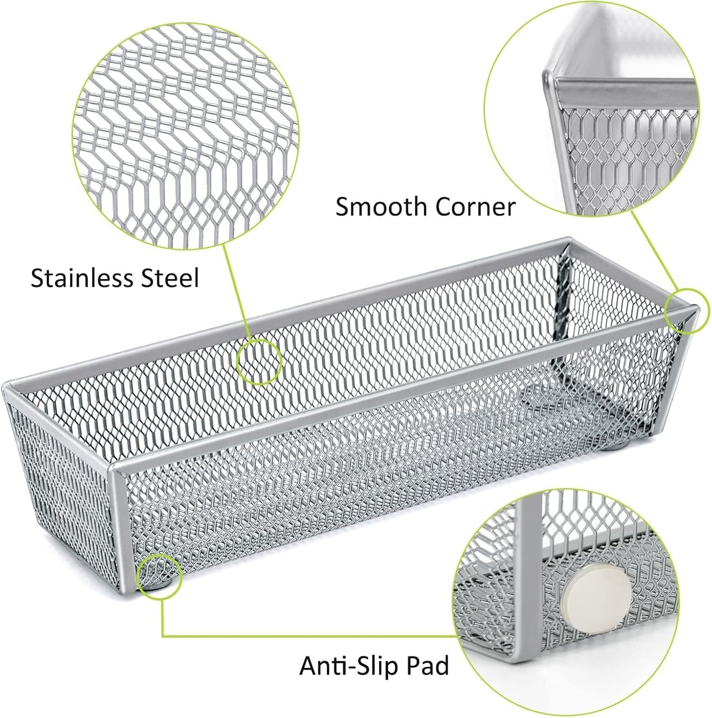 Neudeco Silverware Drawer Organizer - 5 Compartment Cutlery Tray with Non-Slip Feet, Mesh Wire Flatware Storage Divider for Kitchen, Bedroom, Living Room (Silver)
