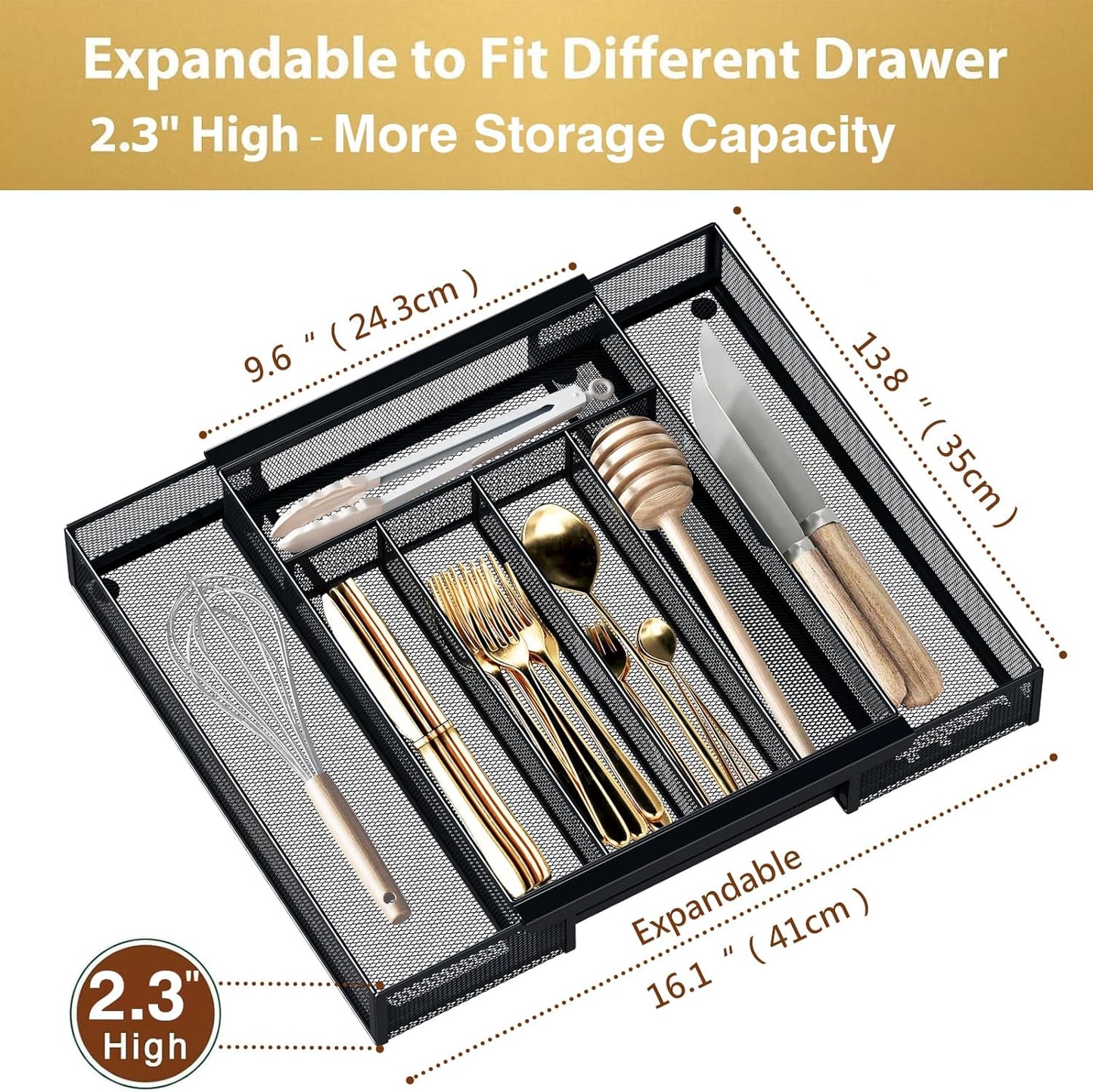 Sedegn Silverware Organizer Metal Mesh, Large Drawer Organizer, Utensil Cutlery Tray for kitchen drawers, Flatware Organizer with 6 Compartment, Black (11.3”*16“)
