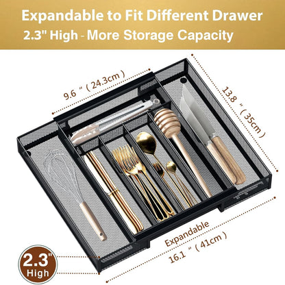 Sedegn Silverware Organizer Metal Mesh, Large Drawer Organizer, Utensil Cutlery Tray for kitchen drawers, Flatware Organizer with 6 Compartment, Black (11.3”*16“)