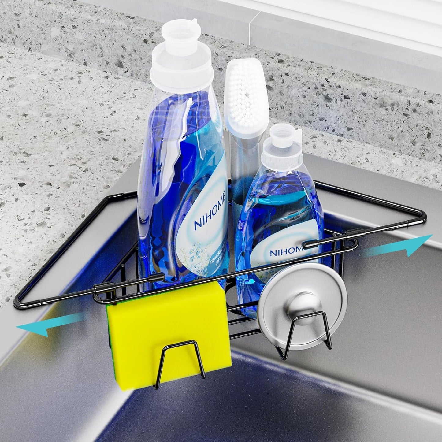 NiHome Extendable Arm Stainless Steel Kitchen Sink Corner Caddy, Easy Install Space-Saving Adjustable Sponge Holder, Non-Slip Rust-Resistant for Brushes, Soap, Sponges (Silver)
