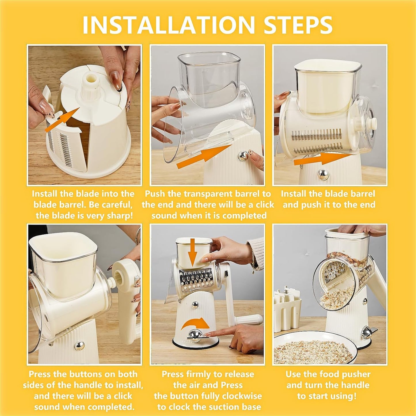 Rotary Cheese Grater with Handle: 5 in 1 Cheese Grater Hand Crank Cheese Shredder with Strong Suction Base Kitchen Vegetable Slicer with 5 Interchangeable Blades, Storage Box, White