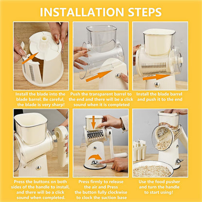 Rotary Cheese Grater with Handle: 5 in 1 Cheese Grater Hand Crank Cheese Shredder with Strong Suction Base Kitchen Vegetable Slicer with 5 Interchangeable Blades, Storage Box, White
