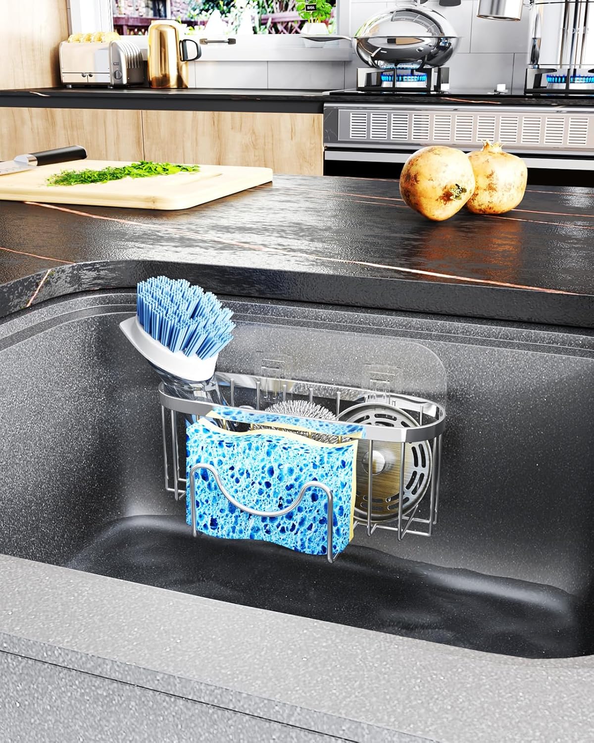 HapiRm Multifunctional Sponge Holder with Unique M-Shaped, 2 Installation Methods Kitchen Sink Caddy Organizer, Rustproof Stainless Steel Kitchen Organizers and Storage Essentials - Black