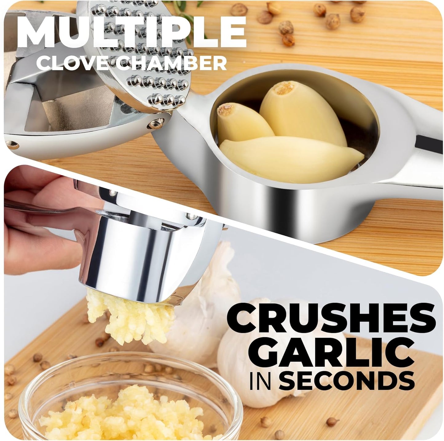 Zulay Kitchen Premium Garlic Press Set - Rust Proof Professional Garlic Mincer Tool - Easy-Squeeze, Easy-Clean with Soft, Ergonomic Handle - Silicone Garlic Peeler & Brush (Silver)