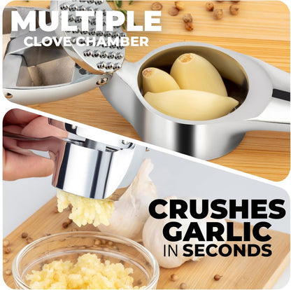 Zulay Kitchen Premium Garlic Press Set - Rust Proof Professional Garlic Mincer Tool - Easy-Squeeze, Easy-Clean with Soft, Ergonomic Handle - Silicone Garlic Peeler & Brush (Silver)