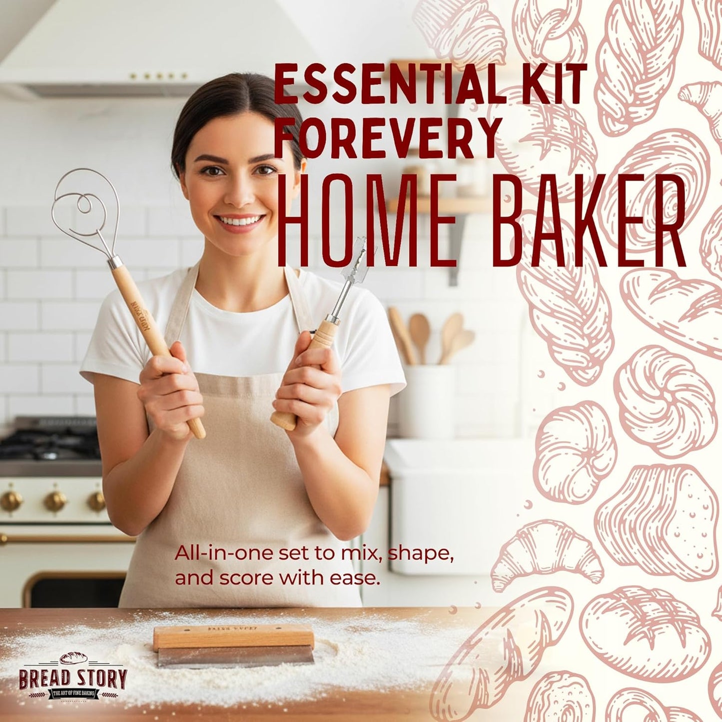 Danish Dough Whisk Set – Wooden Scraper & Lame Scoring Tool | Sourdough Whisk & Mixing Tool Kit | Bread Utensils for Homemade Bread, Pizza, Pastry | Stainless Steel & Wood