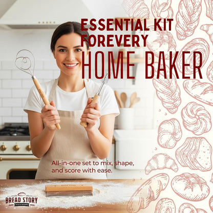 Danish Dough Whisk Set – Wooden Scraper & Lame Scoring Tool | Sourdough Whisk & Mixing Tool Kit | Bread Utensils for Homemade Bread, Pizza, Pastry | Stainless Steel & Wood