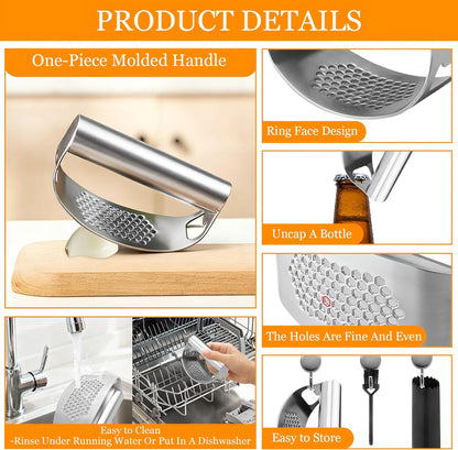 Garlic Press Rocker,Stainless Steel Garlic Mincer,Garlic Crusher w/Ergonomic Handle,Built-in Bottle Opener,Garlic Chooper with Peeler&Cleaning Brush,Essentials Kitchen Gadgets for Effortless Smashing
