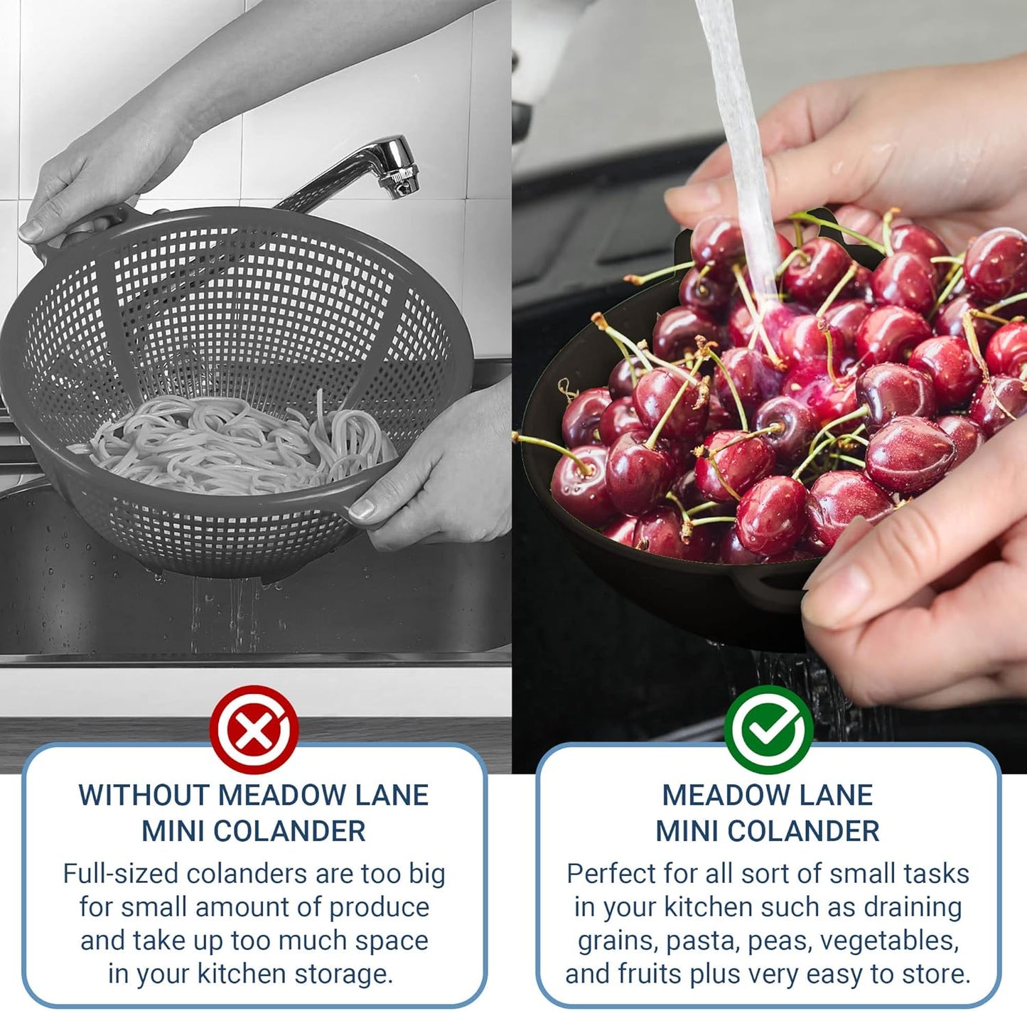 Meadow Lane 6-inch Small Colander, BPA-Free, Dishwasher Safe, Double Handles, Compact Food Strainer for Berries, Veggies and Pasta, 3-Cup Capacity, Smooth White