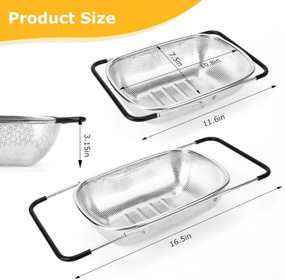 ZDRongZhen Kitchen Accessories Over the Sink Colander Strainer Basket，Stainless Steel Colander with Expandable Rubber Grip Sink Drainer-Rinse Vegetables Fruits &Strain&Drain (Large-Fine mesh)