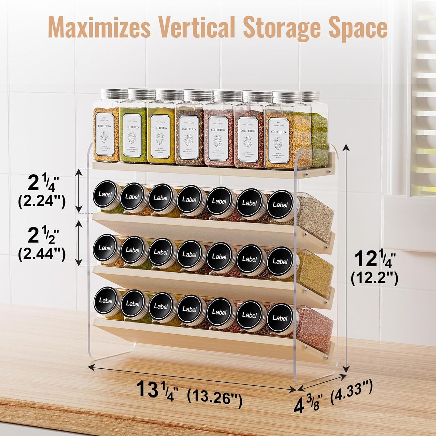 MUDEELA 4 Tier Spice Rack Organizer for Cabinet,Wooden Vertical Spice Shelf, Seasoning Organizer for Countertop, Kitchen, Pantry, Freestanding, 13.4" W × 11.2" H (No Jars Included), White